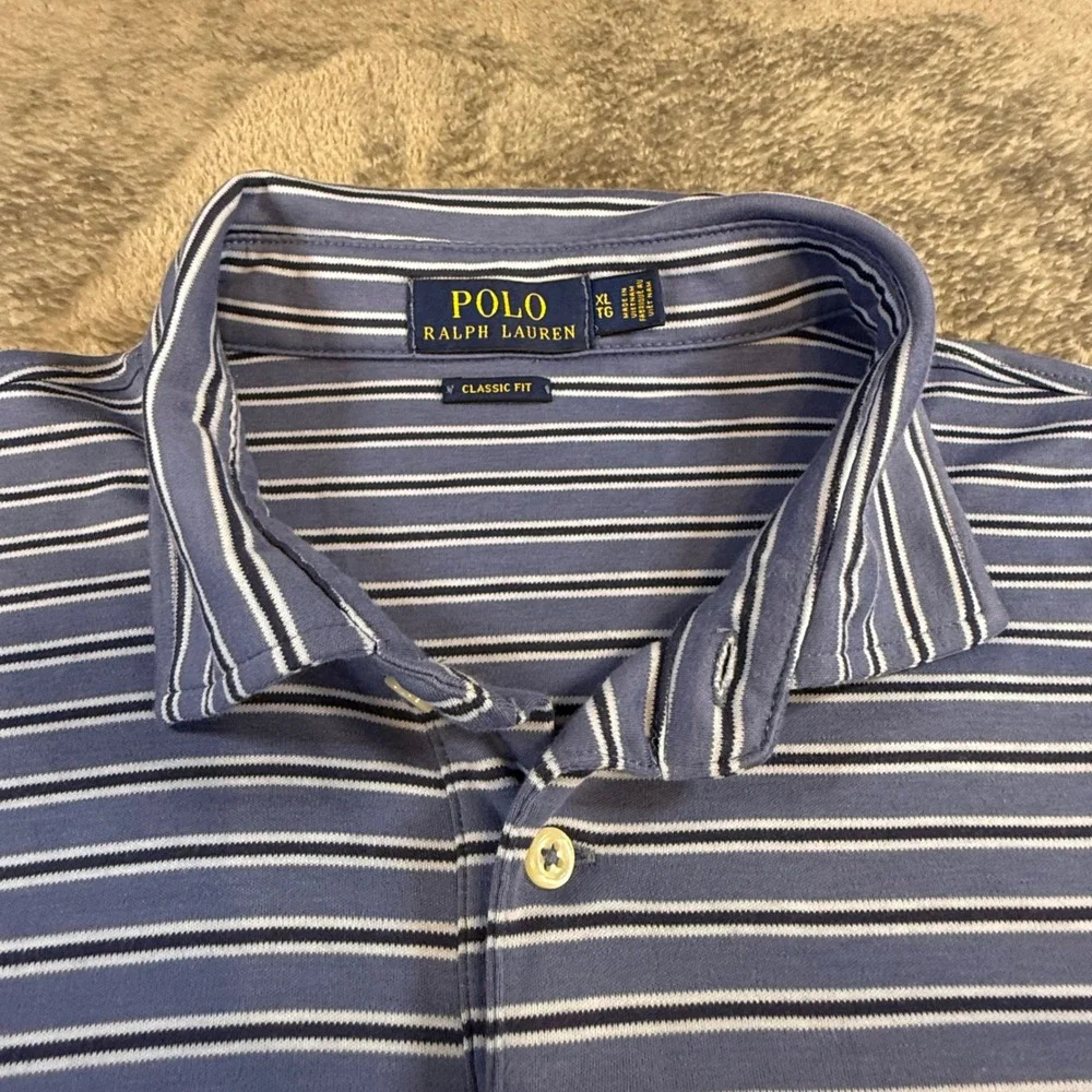 Polo Ralph Lauren Mens XL Classic Fit Blue White Striped Soft‎ Polo Shirt